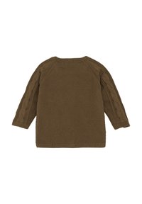 Brauner gestrickter Pullover mit strukturiertem Körper und Zopfstrickärmeln. Mit Rundhalsausschnitt und langen Ärmeln. Einfaches, klassisches Design.