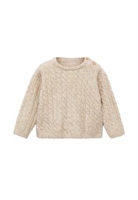 Bežaj pleten pulover za otroke z dolgimi rokavi, okroglo izrezan in z dvema lesenima gumboma na levem ramenu.