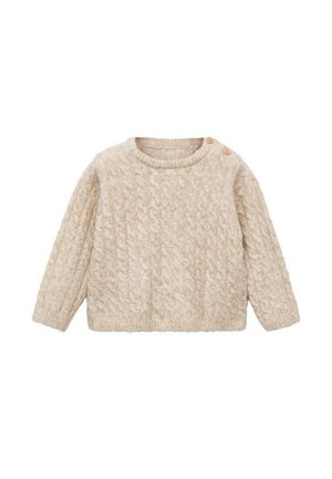Pull pour tout-petit en tricot torsadé beige à manches longues, avec un col rond et deux boutons en bois sur l'épaule gauche.