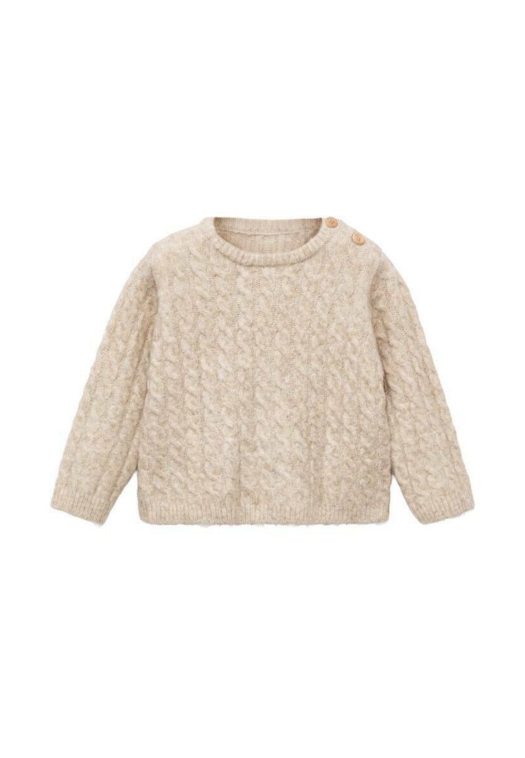 Bežaj pleten pulover za otroke z dolgimi rokavi, okroglo izrezan in z dvema lesenima gumboma na levem ramenu.