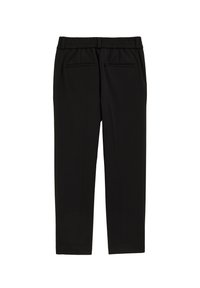 Svarta byxor med en slät yta, elastisk midja och två bakfickor. Rakt ben-design som passar för olika tillfällen.