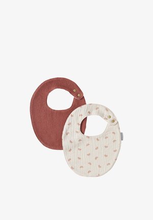 Two baby bibs, one textured rust-colored and one white with small rainbow prints, each with snap button closures.