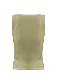 Olivgrünes ärmelloses Oberteil mit einer taillierten Passform, hergestellt aus einem glatten Material. Verfügt über kontrastierende weiße Nähte entlang der Nähte.