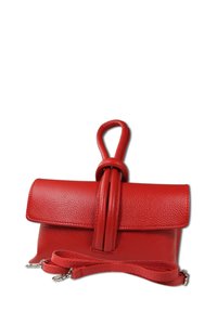 Red leather handbag with a textured finish, rectangular shape, a knotted handle, and a detachable strap. Closure is a flap design.