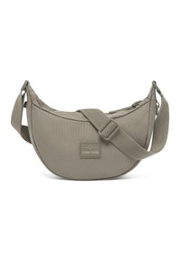 Sac bandoulière en tissu vert avec une forme courbe, bandoulière ajustable et une étiquette rectangulaire portant le nom de la marque "JOHNNY URBAN."