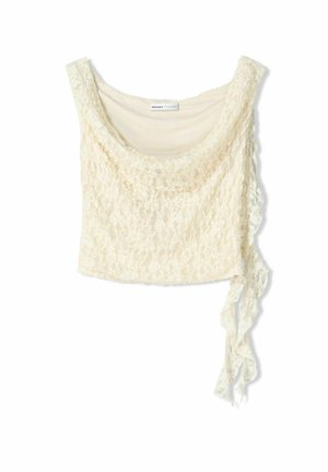 Ivoorkleurige kanten mouwloze cropped top met een vierkante halslijn en zijkanten met strikjes, voorzien van een bloemenkantpatroon en een zachte binnenvoering.