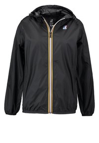 Czarna, lekka kurtka z kapturem, z przednim zamkiem błyskawicznym, ozdobiona żółtymi, białymi i czerwonymi paskami oraz elastycznymi mankietami. Prosty, funkcjonalny design.