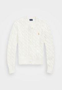 Cárdigan blanco de punto trenzado con botones, de manga larga y un pequeño logo bordado en amarillo en el lado izquierdo del pecho.