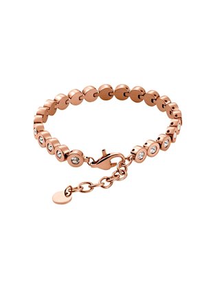 Bracelet en or rose avec des maillons ronds, chacun serti d'une pierre précieuse transparente, comprenant un fermoir mousqueton et une chaîne réglable avec un petit pendentif rond.