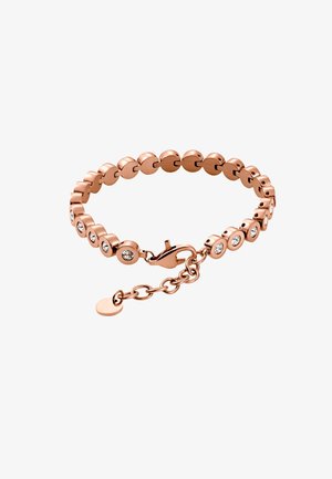 Bracelet en or rose avec des maillons ronds, chacun serti d'une pierre précieuse transparente, comprenant un fermoir mousqueton et une chaîne réglable avec un petit pendentif rond.