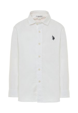 Camicia bianca a maniche lunghe in cotone, con chiusura a bottoni, colletto classico e piccolo logo ricamato nero sul lato sinistro del petto.