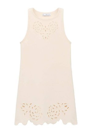 Robe sans manches crème avec un design découpé floral à la poitrine et un ourlet en plis. Fabriquée en tissu léger, texture lisse.