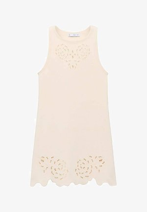 Robe sans manches crème avec un design découpé floral à la poitrine et un ourlet en plis. Fabriquée en tissu léger, texture lisse.