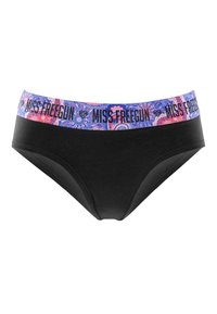 Culotte bikini noire avec une large ceinture à motifs violets et roses, ornée du texte "MISS FREEGUN" et de symboles de cœur.