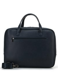 Bolsa de laptop de cuero negro con asas superiores dobles, un bolsillo frontal con cremallera, diseño elegante y una correa ajustable. Textura suave, hardware minimalista.