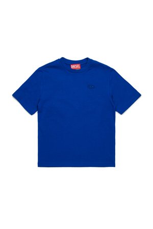 Blaues Baumwoll-T-Shirt mit Rundhalsausschnitt. Verfügt über ein kleines, erhabenes "D"-Logo auf der Brust und ein rotes Diesel-Markenetikett am Kragen.