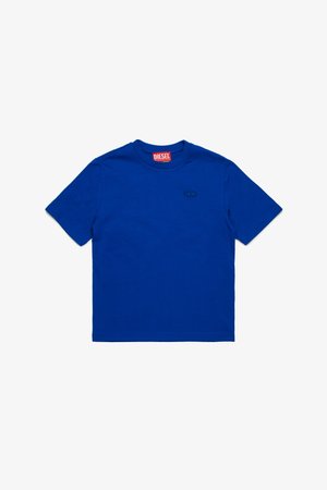 Blue cotton t-shirt with a round neck. Features a small, embossed "D" logo on the chest and a red Diesel brand tag on the collar.