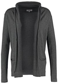 Dark gray cardigan made from soft fabric, featuring an open front, long sleeves, and two front pockets. Simple, lightweight design.