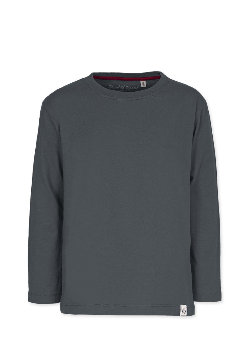 Långärmad grå t-shirt i bomull med rund halsringning och en liten logotypetikett nära fållen. Mjuk textur, minimalistisk design.
