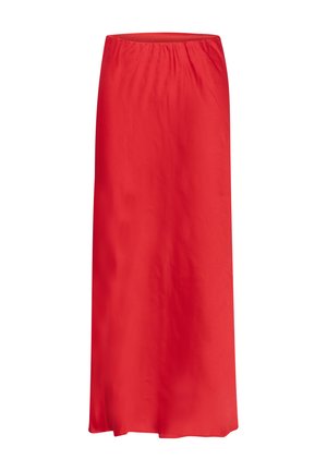 Rode maxi rok van lichte stof, met een elastische tailleband en een soepel, vloeiend ontwerp. Geen patronen of versieringen.