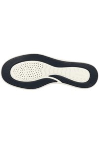 Suela de zapato con una base blanca y acentos en azul marino. Presenta un patrón texturizado con puntos de agarre circulares y líneas onduladas para mayor flexibilidad.