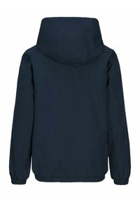 Veste à capuche bleu marine avec manches longues et poignets élastiques, vue de dos sur fond blanc.