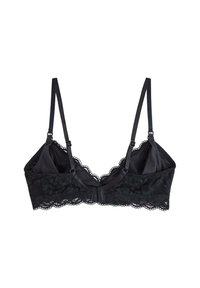 Bralette in pizzo nero con spalline in satin regolabili, dettagli in pizzo floreale lungo i bordi e chiusura con gancio e occhiello sul retro.