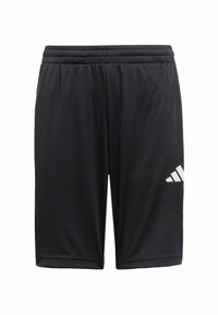 Pantalones cortos deportivos negros hechos de tejido ligero, con una cinturilla elástica y acentos del logo blanco de Adidas en el muslo izquierdo.