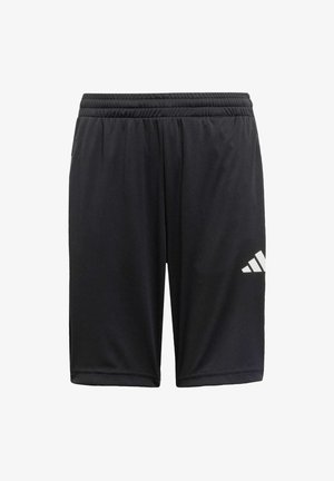 Czarne sportowe szorty wykonane z lekkiego materiału, z elastycznym paskiem w talii i białymi akcentami logo Adidas na lewej udzie.