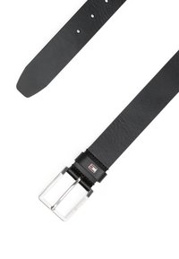 Black leather belt with a textured surface, silver metal buckle, and logo accent. Features multiple adjustment holes and a tapered end.