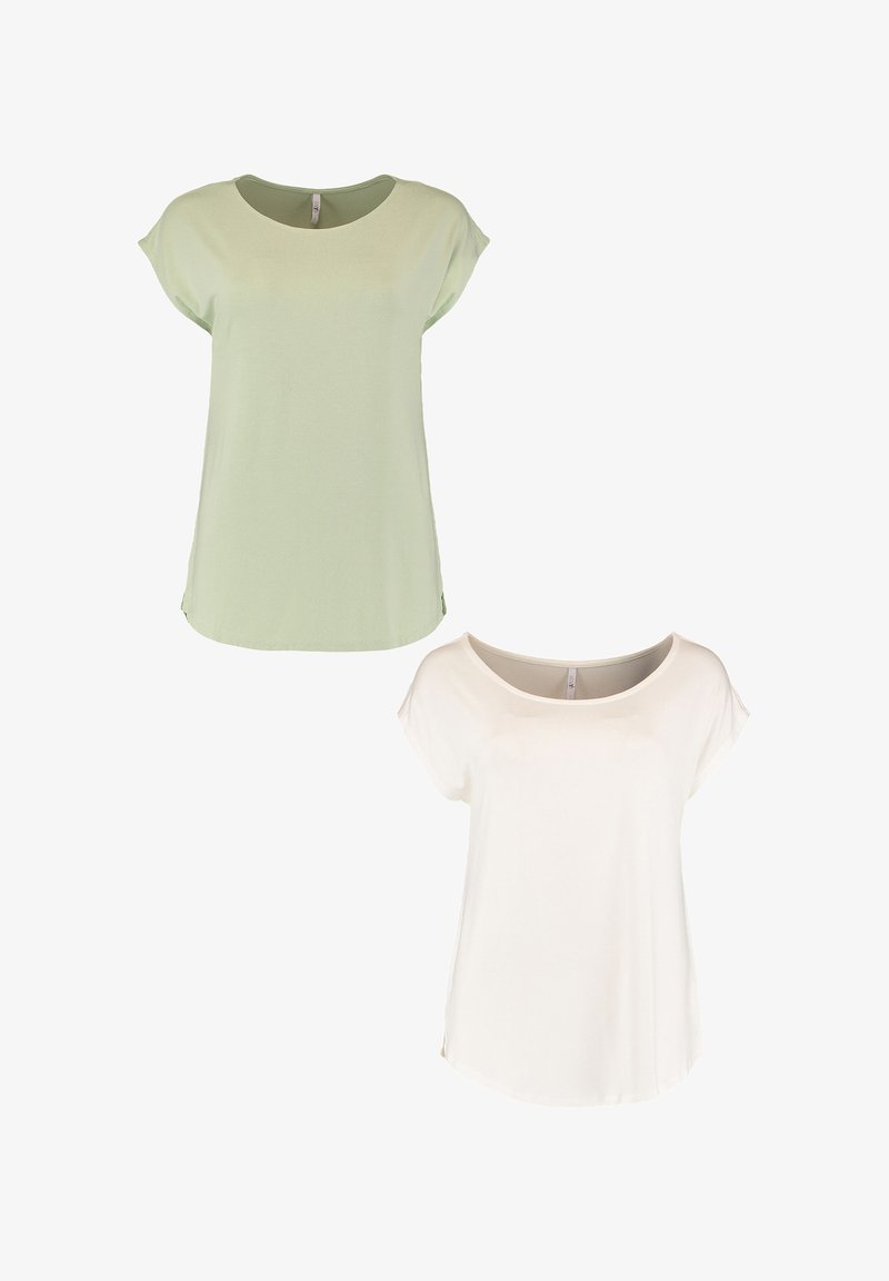 Zwei kurzärmelige Oberteile: eines hellgrün und eines weiß. Beide haben einen runden Halsausschnitt, eine weiche Textur und einen geschwungenen Saum.