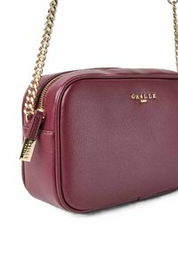 Borsa a tracolla in pelle bordeaux con finitura testurizzata, tracolla in catena dorata, chiusura zip e placca con il nome del marchio in oro.