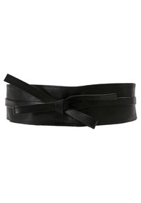 Black leather belt with a smooth texture, wide design, and long ties, secured in a knot at the front, showcasing simple elegance.