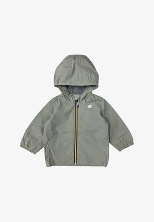 Giacca a vento grigia chiara con cappuccio, zip frontale, polsini elasticizzati e un design a righe lungo la zip. Texture morbida e liscia.