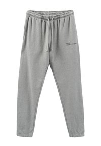 Grau Sweatpants mit elastischem Bund, Kordelzugdetails und seitlichen Bündchen. Besonders mit bedrucktem Text auf dem linken Oberschenkel. Weicher, leichter Stoff.