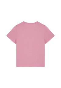 Kurzärmliges rosa T-Shirt, Rundhalsausschnitt, glattes Baumwollmaterial, minimale Details, unverziertes Rückansicht.