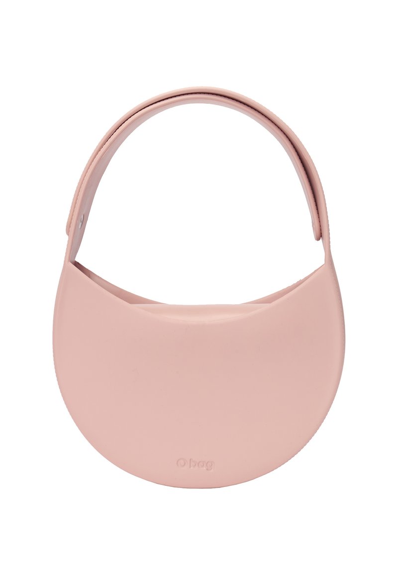 Pyöreä, vaaleanpunainen laukku, joka on valmistettu joustavasta materiaalista, jossa on sileä pinta. Laukussa on yksinkertainen, kaareva muotoilu ja yksi kahva.