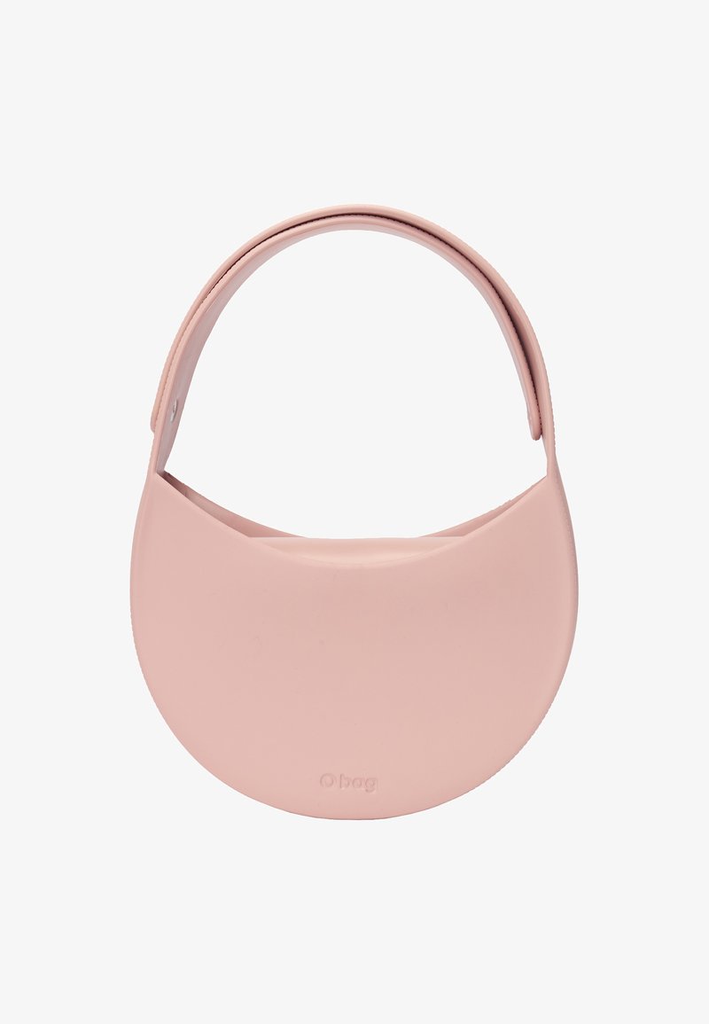 Pyöreä, vaaleanpunainen laukku, joka on valmistettu joustavasta materiaalista, jossa on sileä pinta. Laukussa on yksinkertainen, kaareva muotoilu ja yksi kahva.