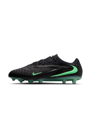 Sort fodboldstøvle med grønne Nike-swoosh-logoer og grønne knopper, tekstureret overdel og snørebånd for sikker pasform.