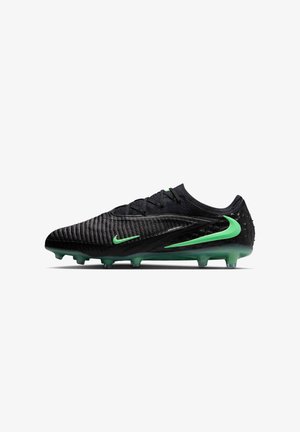 Chaussure de football noire avec logos Nike swoosh verts et crampons verts, empeigne texturée et lacets pour un maintien sûr.