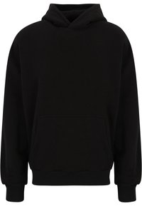 Sudadera negra de manga larga con bolsillo canguro frontal y puños y dobladillo acanalados, exhibida sobre un fondo blanco.