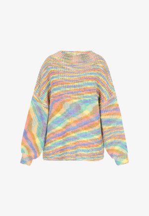 Adīta džemperis ar brīvu piegriezumu, ar daudzkrāsainām joslām pasteļa toņos, garām piedurknēm un izgriezumu pie kakla. Strukturēta auduma.