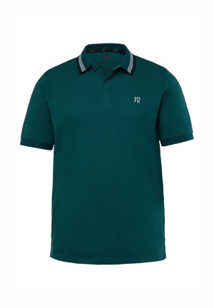Tropfblauer Poloshirt aus Baumwolle, mit einer Knopfleiste mit zwei Knöpfen, gestreiftem Kragen und einem kleinen Logo auf der linken Brust. Kurze Ärmel.
