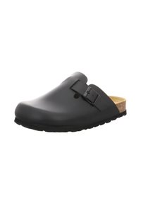 Black, molded clogs made of synthetic material, featuring a single adjustable strap, cork footbed, and textured rubber sole.