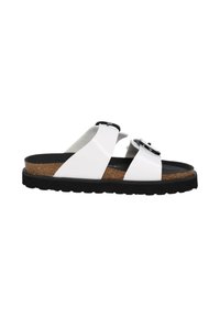 White slide sandals with two wide straps and black accents, cork footbed, rubber outsole, and textured surface for grip.