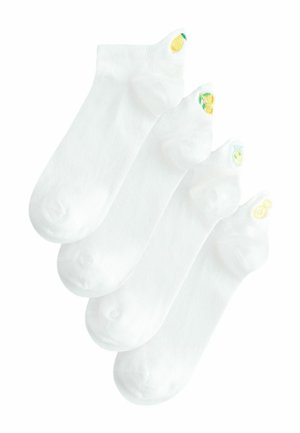 Quattro paia di calzini bianchi alla caviglia, ciascuno con un piccolo ricamo colorato di frutta sul bordo, tra cui ananas, limone e lime.
