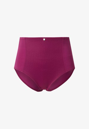 Sous-vêtements magenta taille haute avec un panneau avant texturé, des côtés lisses et un petit bouton décoratif à la taille.