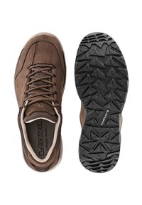 Brown suede and mesh shoes with a textured rubber outsole featuring a multi-directional tread pattern. Laced design with reinforced eyelets.