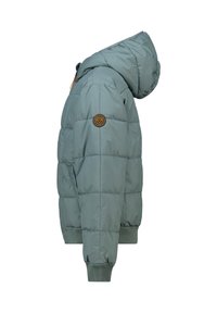 Gewatteerde jas in gedempte teal kleur met een capuchon, elastische manchetten en een ronde logopatch op de linkermouw. Ontwerp met doorgestikte textuur.