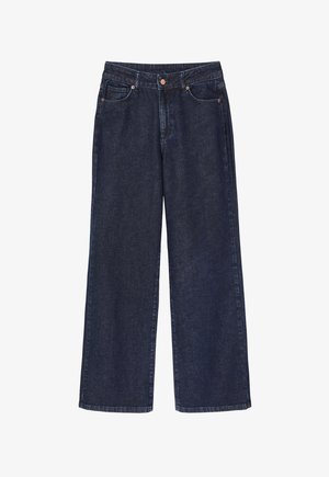 Dunkelblaue weite Denim-Jeans mit hoher Taille, fünf Taschen und bronze-farbenen Metallakzenten. Glatte Textur mit sichtbaren Nähten.